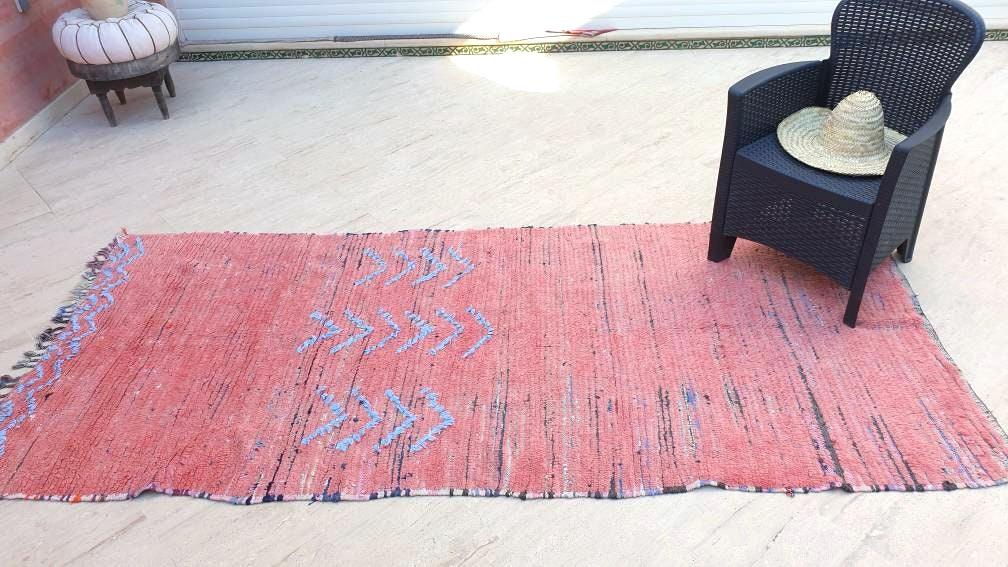 Vintage Moroccan Rug 4.1x9.2 gorgeous Pink rug Boujaad rug Tribal berber rug boujad rug Cyan Pink berber rug