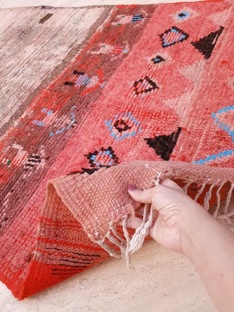 Vintage Moroccan rug 4x8.4 Unique boujaad rug "6 People" Blush pink Antique beige Boujad rug, Unique bohemian bedroom rug morocco rug