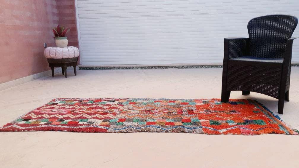 Vintage Orange Red Moroccan Rug 2.9x7.1 Unique Berber Azilal Rug