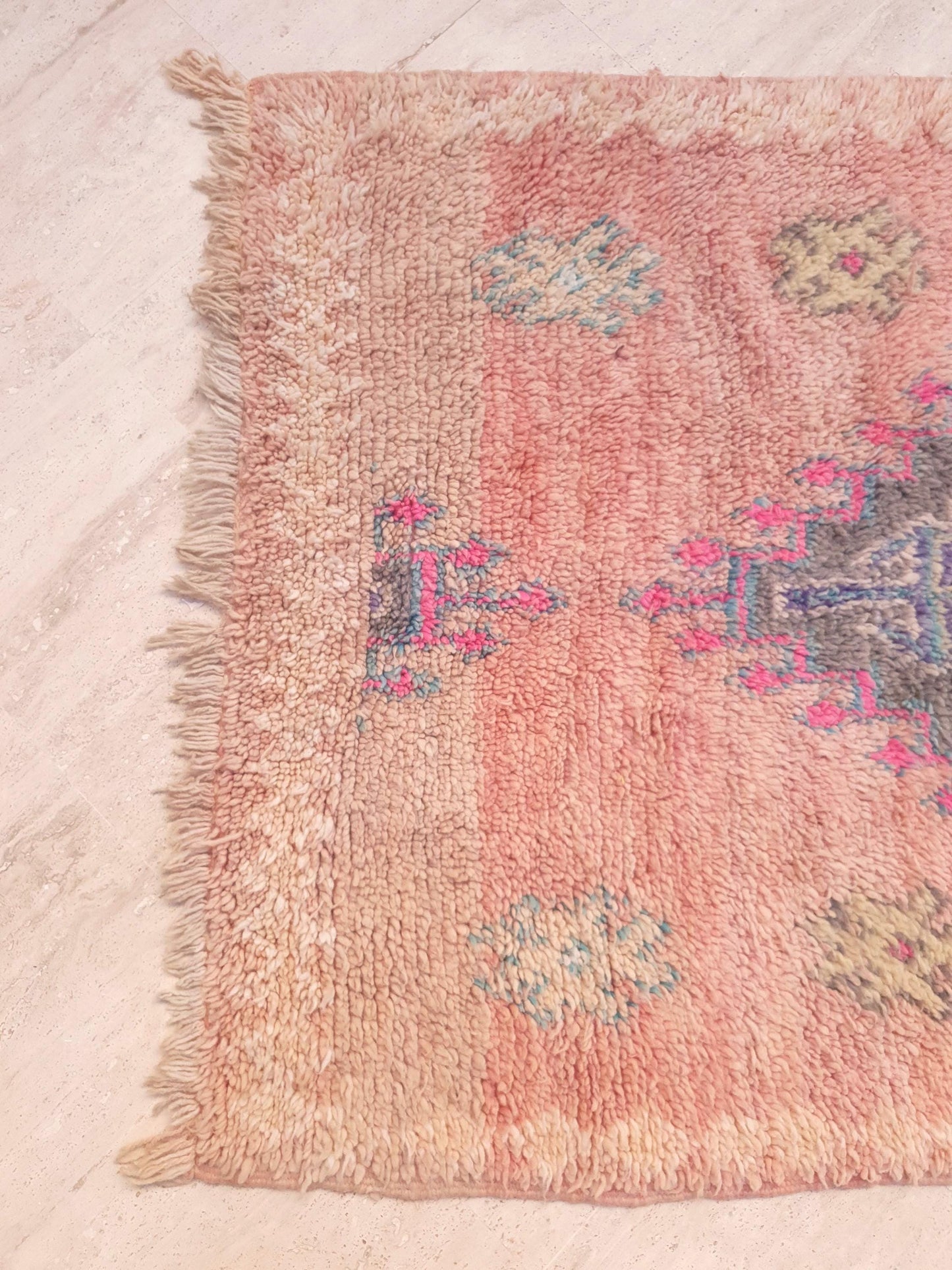 Vintage Moroccan Rug, Soft Blush Boujaad Runner 3.5x7.7 ft faded rose pastel rug, Tribal blue gray medallions, Handmade wool art