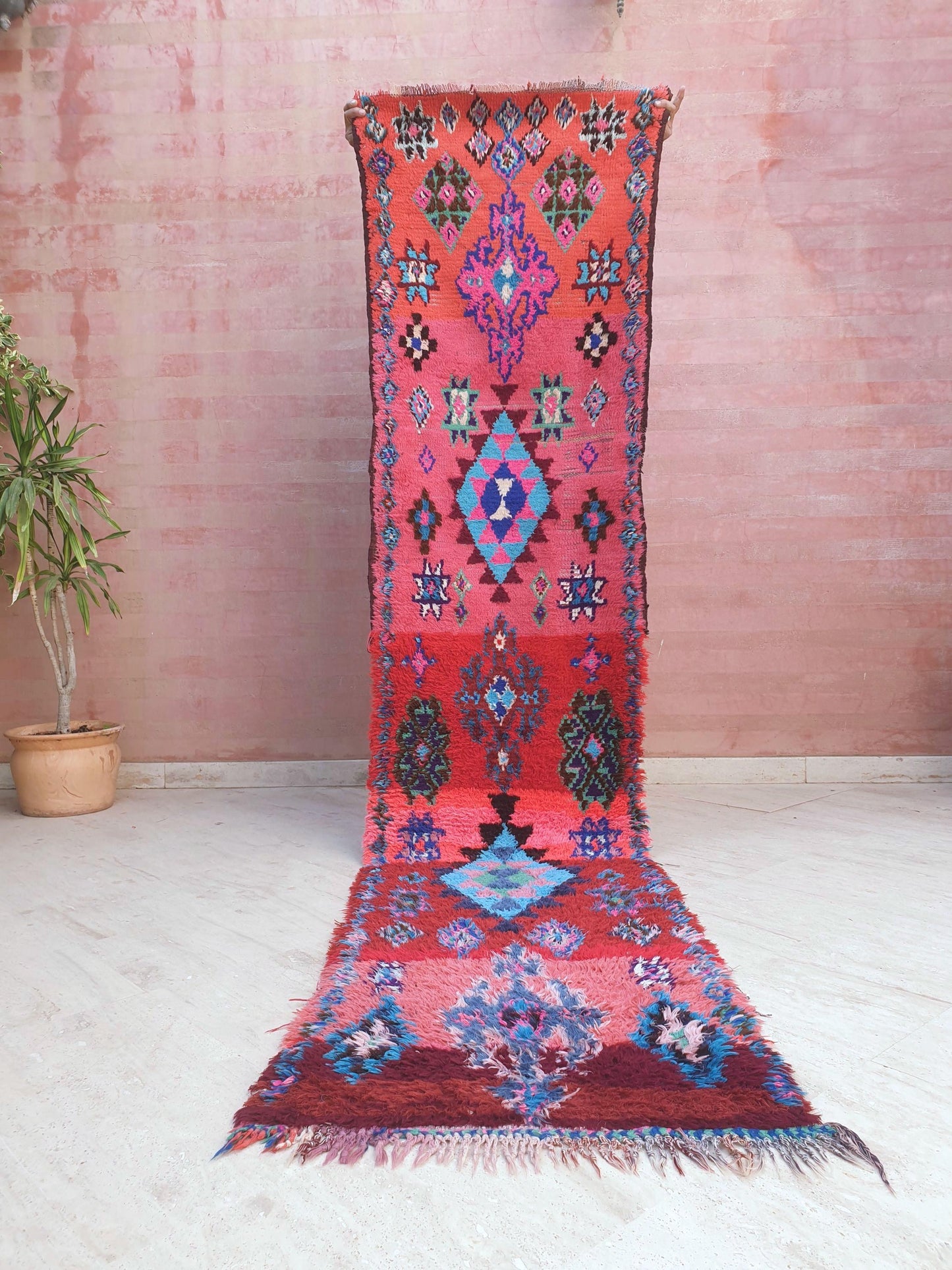 Vintage Hot Pink Moroccan Runner Rug 2.3x10 Azilal Berber Wool Rug