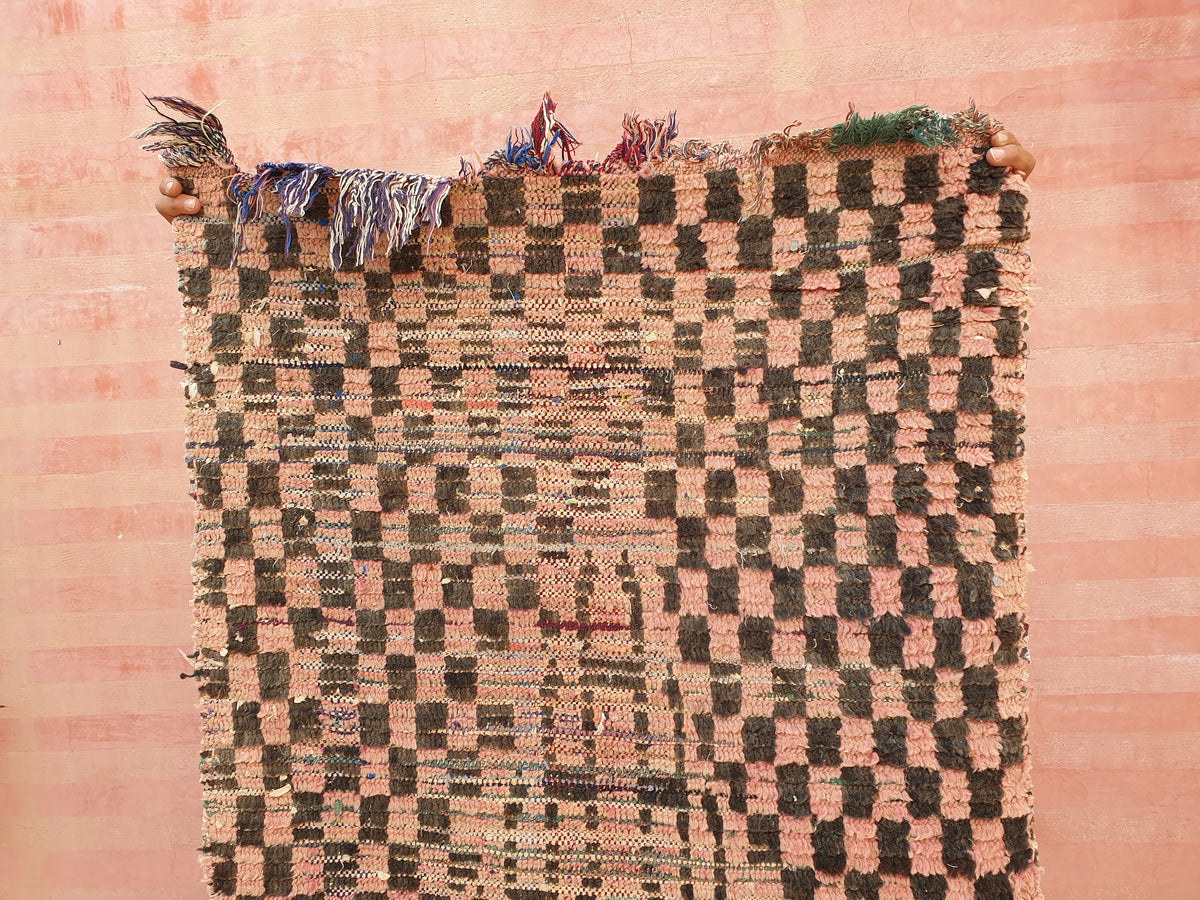 Vintage Moroccan rug 2.9x7.6 Gorgeous Blush Brown Peach Pink Checkered rug | Boujaad hallway rug boujad rug