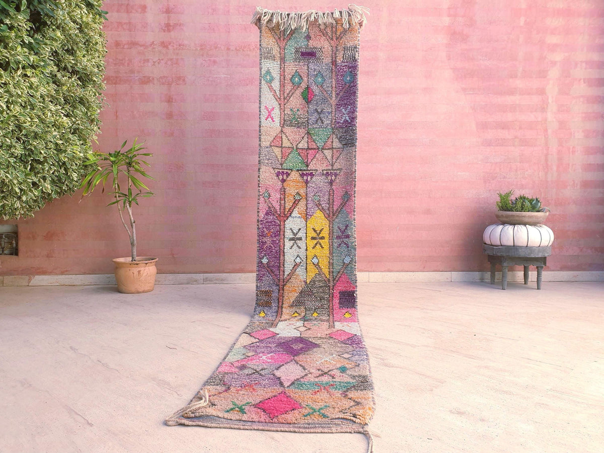 Pastel Tribal Moroccan Runner Rug – 2x10.5 Berber hallway rug, soft pinks & mustard tones, Vintage handmade Boujaad runner, boho eclectic