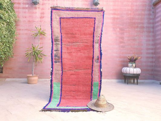 Abstract Boujaad Runner 3x6.5 ft, Coral pink and Mint Green Berber Wool Rug, Vibrant Minimalist Moroccan rug