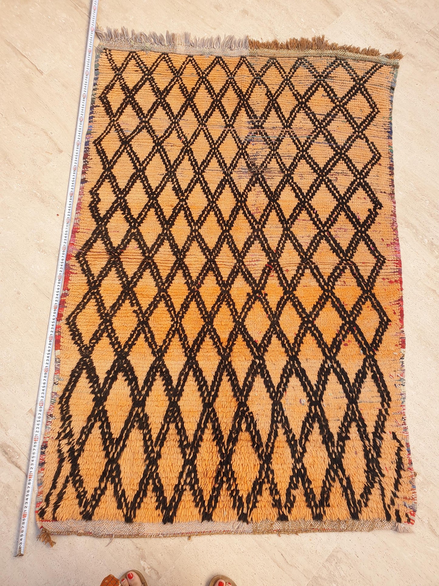 Vintage Moroccan Boujaad Rug Amber Orange with Black Diamond Pattern •  3.6 x 5.6 ft •