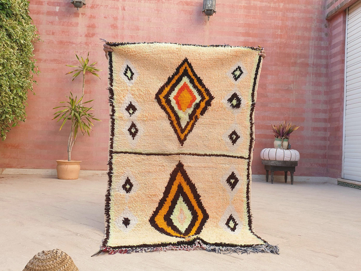 Vintage Moroccan Rug, Gelato Pastel Boujaad Accent Rug 3x4.7  Small Moroccan Rug, Peach Neon Yellow Bedroom Rug