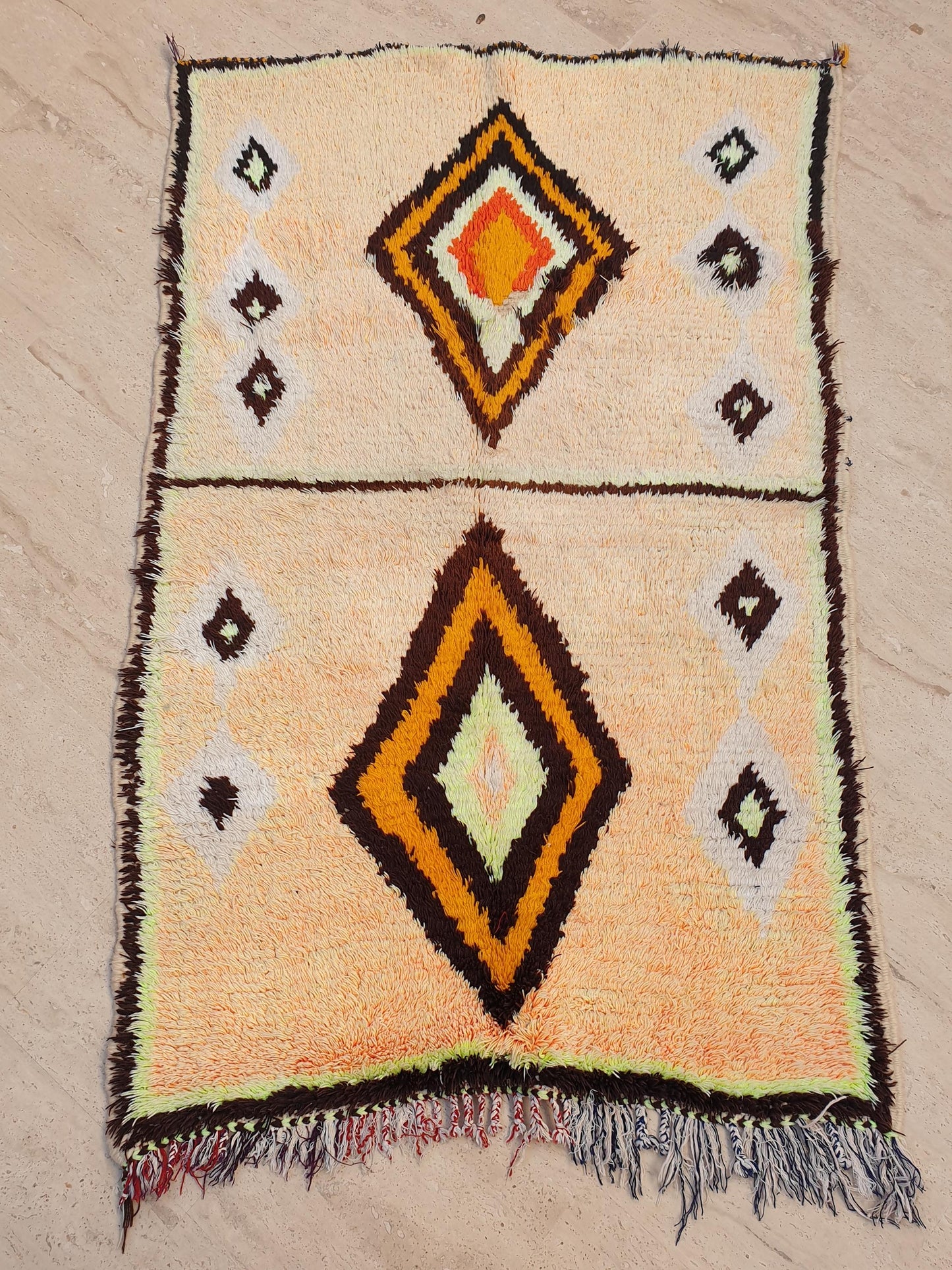 Vintage Moroccan Rug, Gelato Pastel Boujaad Accent Rug 3x4.7  Small Moroccan Rug, Peach Neon Yellow Bedroom Rug