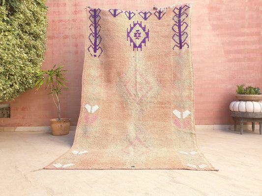 Vintage Moroccan Boujaad Rug 5x8.5 • Blush Earth Tones, Purple Berber Symbols