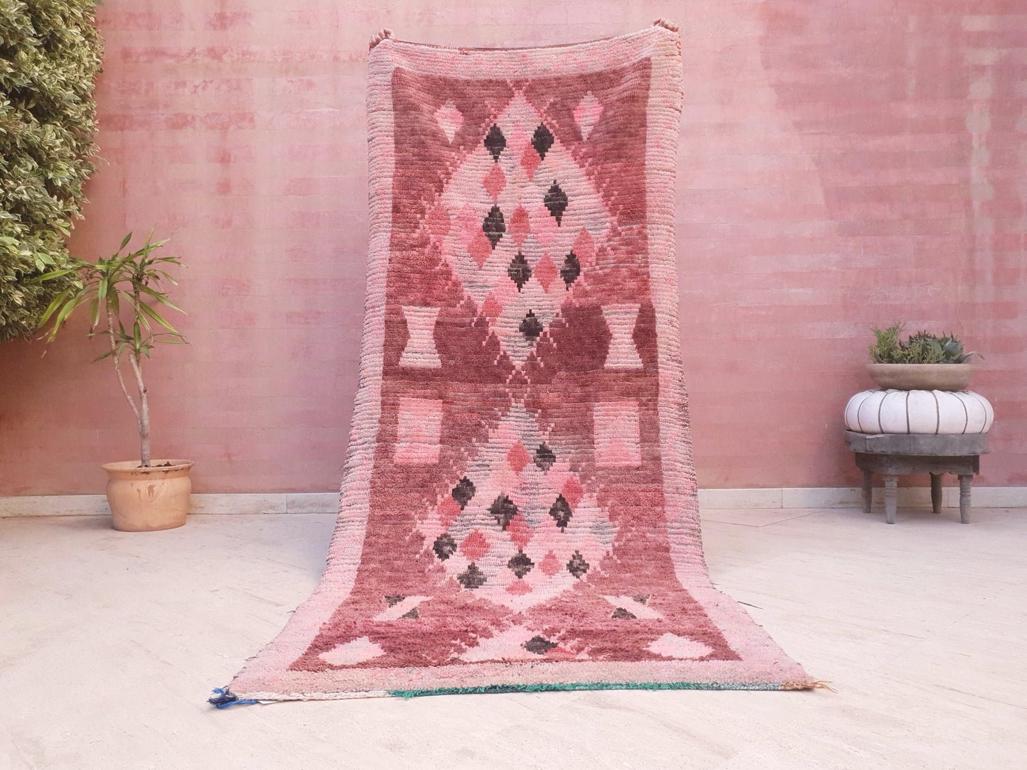 Vintage Moroccan Rug 3.5x8.5 Gorgeous Boujaad Blush Pink Brown rug, Beige Cream Hallway rug, Unique runner rug Authentic Berber Boujad rug
