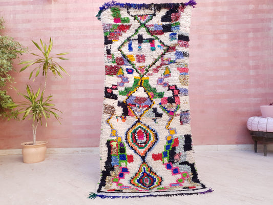 Vintage Moroccan Rug 2.9x6.3 Gorgeous Colorful Boucherouite Rug, Abstract Rug, Authentic berber rug, Artistic rug, boujaad rug