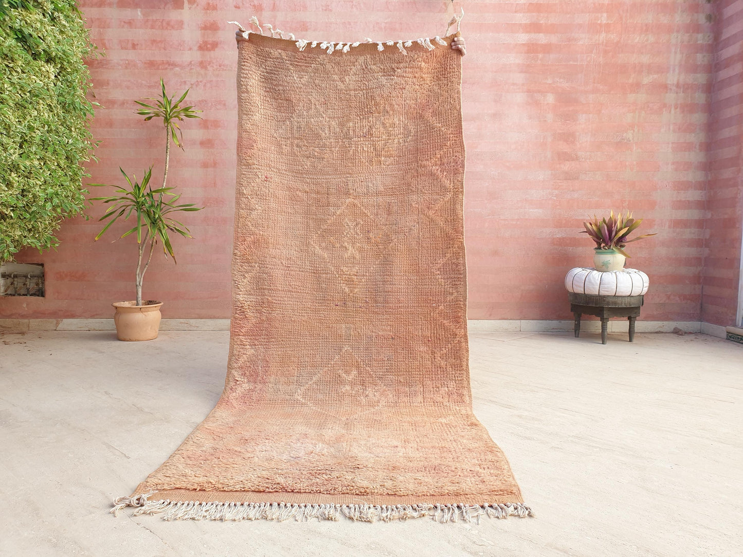 Vintage Faded Peach Beni M’Guild Runner, Subtle Tattoo Pattern, 3.4 x 8.2 ft