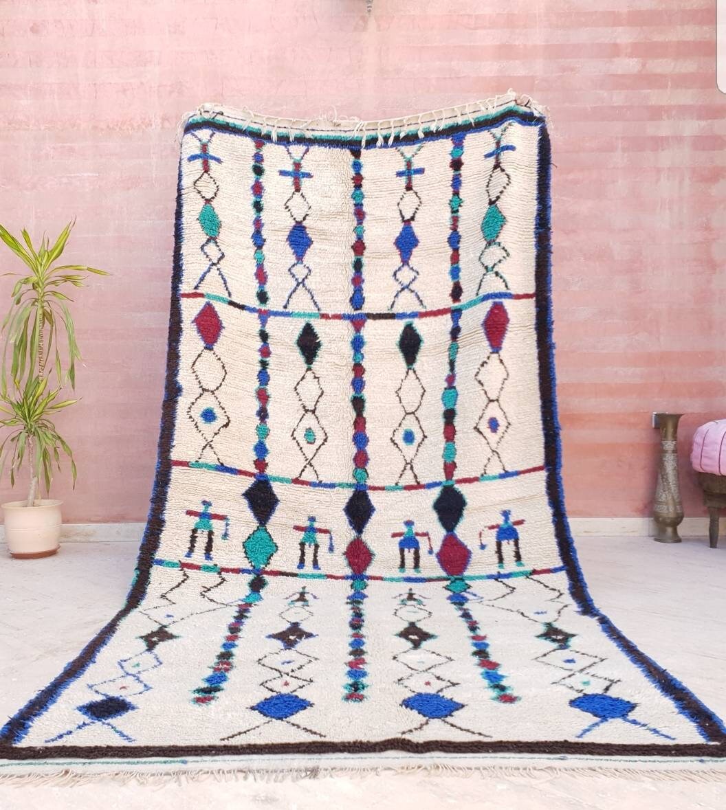 Vintage Beni Ourain Rug, 5x10 Moroccan Berber Rug, Teal & Red Accent