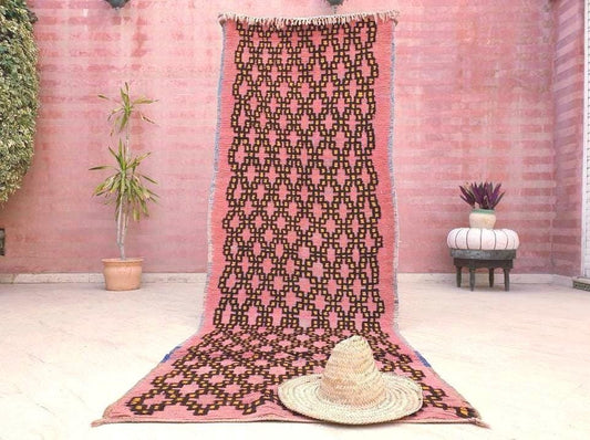 Vintage Moroccan rug 3.5x9.8 Stunning Blush Pink Yellow Boujaad rug, Coral Black Tribal Geometric boujad Rug
