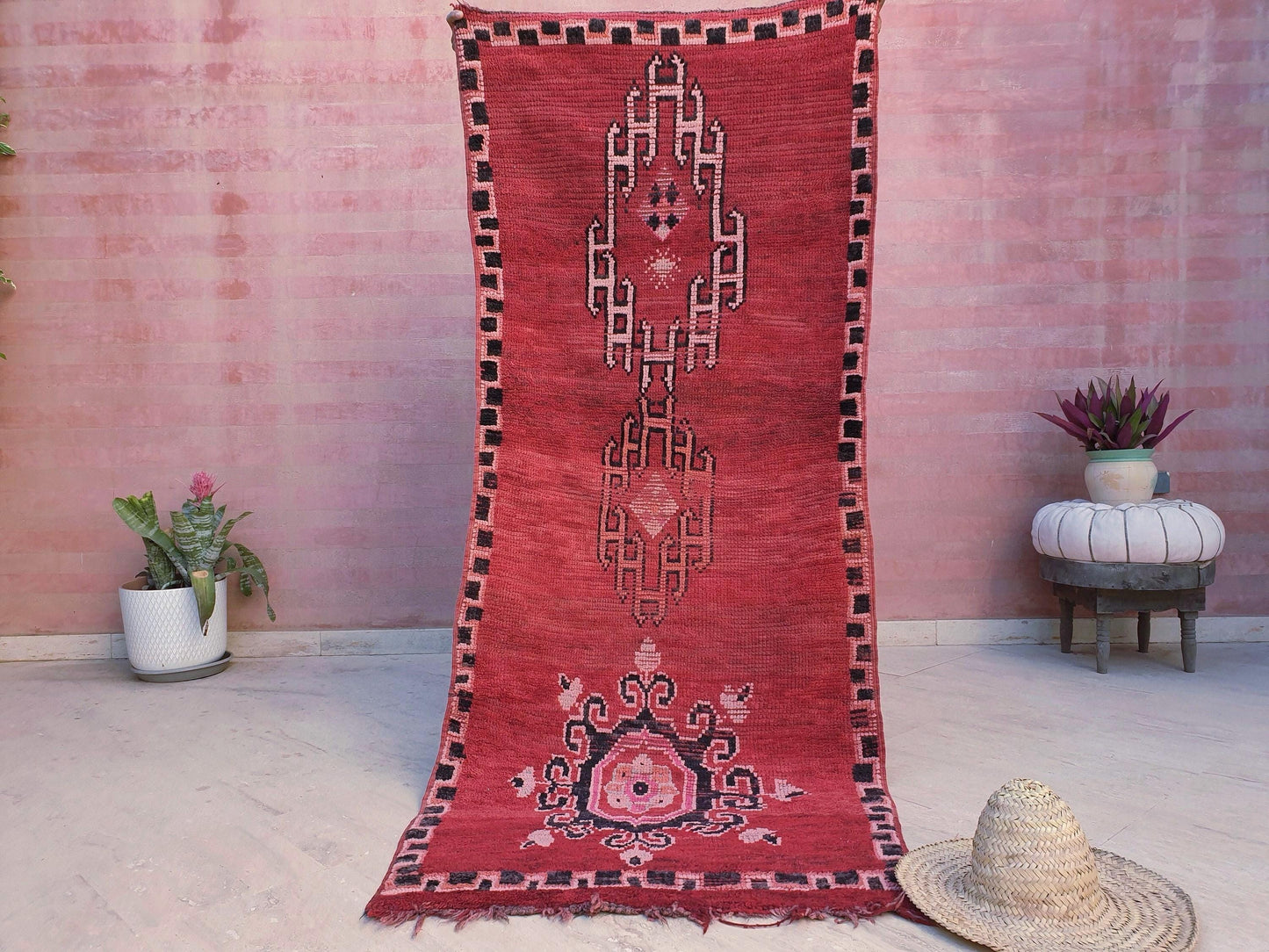 Vintage Moroccan Rug 3.1x7.6 Gorgeous Unique Red Boujaad Statement Runner Rug, bedroom rug, Abstract accent rug