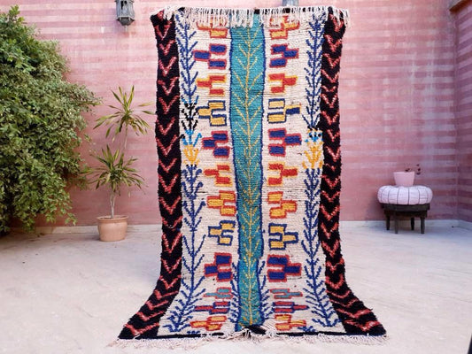 Vintage Berber Azilal Rug, Teal Yellow Black Blues, 4.1x8.1