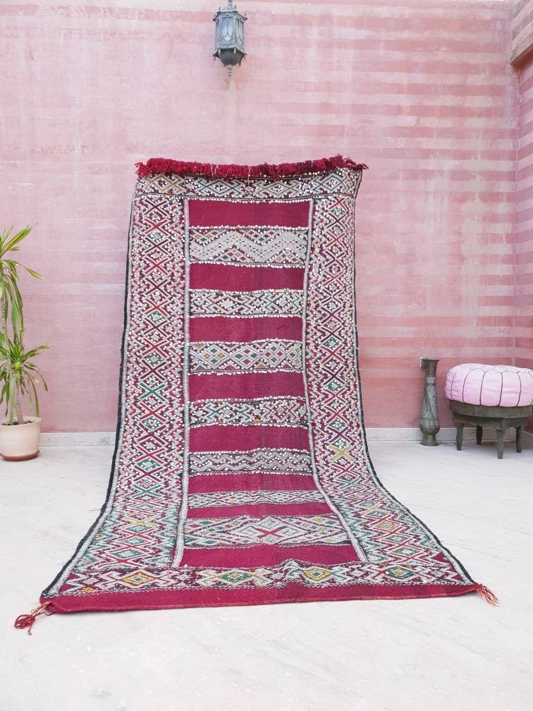 Vintage Sequined Berber Rug | 4x10 ft Maroon Moroccan Kilim Runner