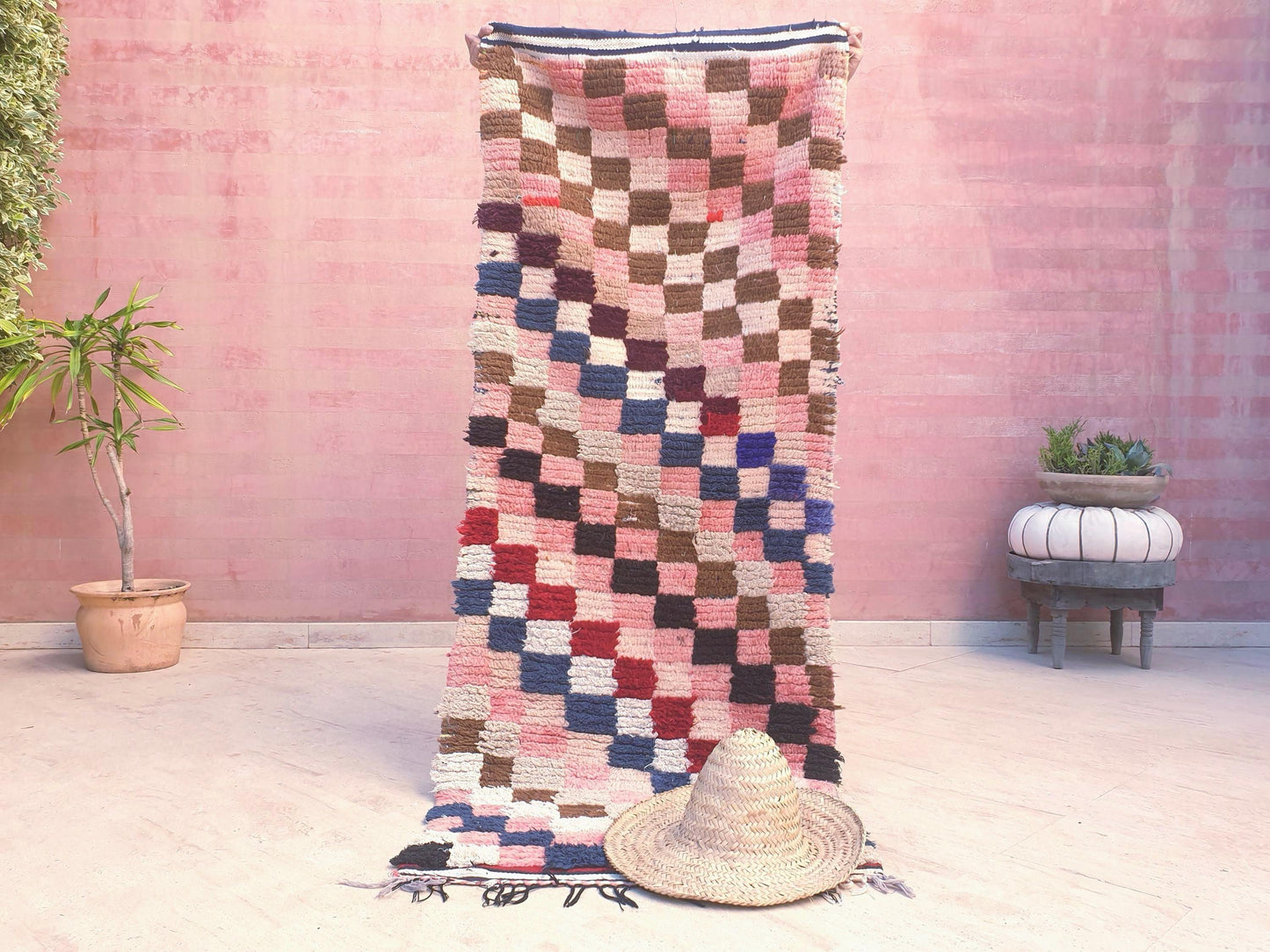 Gorgeous Moroccan Runner Rug • 2.5ft x 6.6ft • Checkered Boujaad Rug • Blush Brown Pink rug • Colorful Boucherouite rug