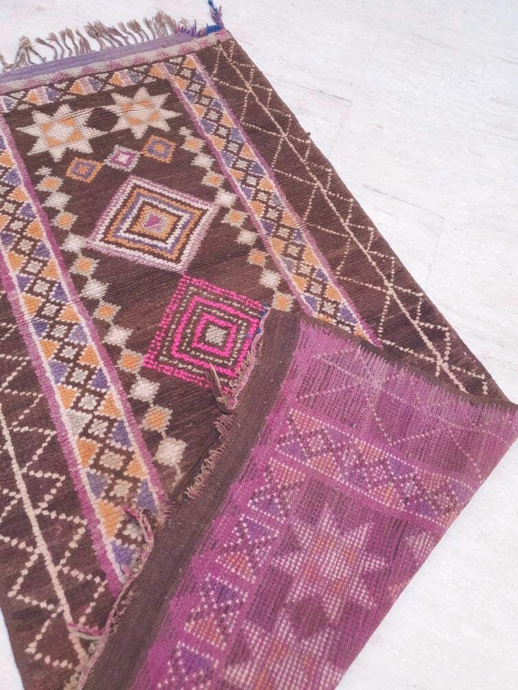 Vintage Morrocan Rug 3.2x6 Brown Purple Rug, Gorgeous Unique Boujaad rug, Brown tribal rug