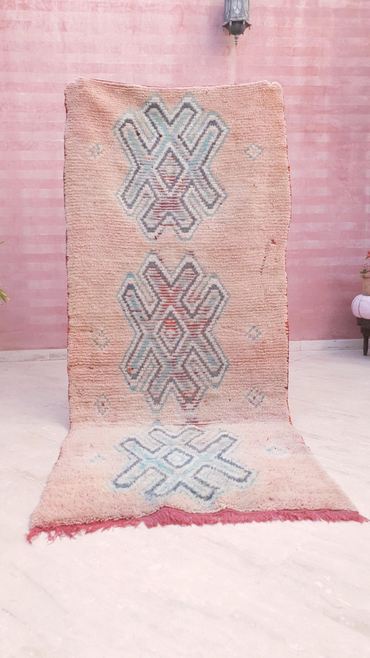 Vintage Blush Boujaad Rug 3.7x8.3 Berber Hallway Rug, Artistic Symbols Rug