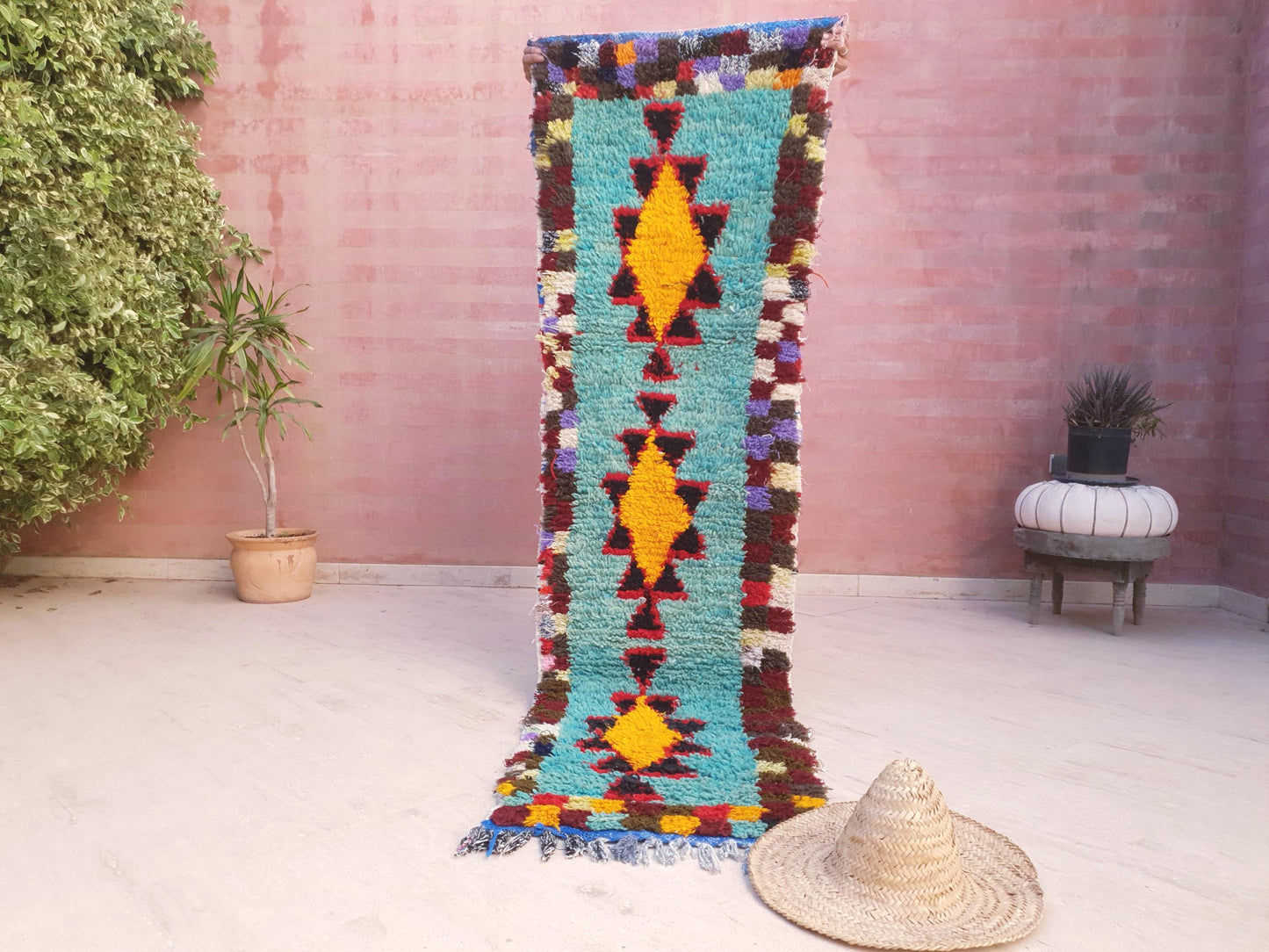 Turquoise Berber Hallway Runner Rug: Wool & Cotton Boujaad Rug, 2.2x8 ft