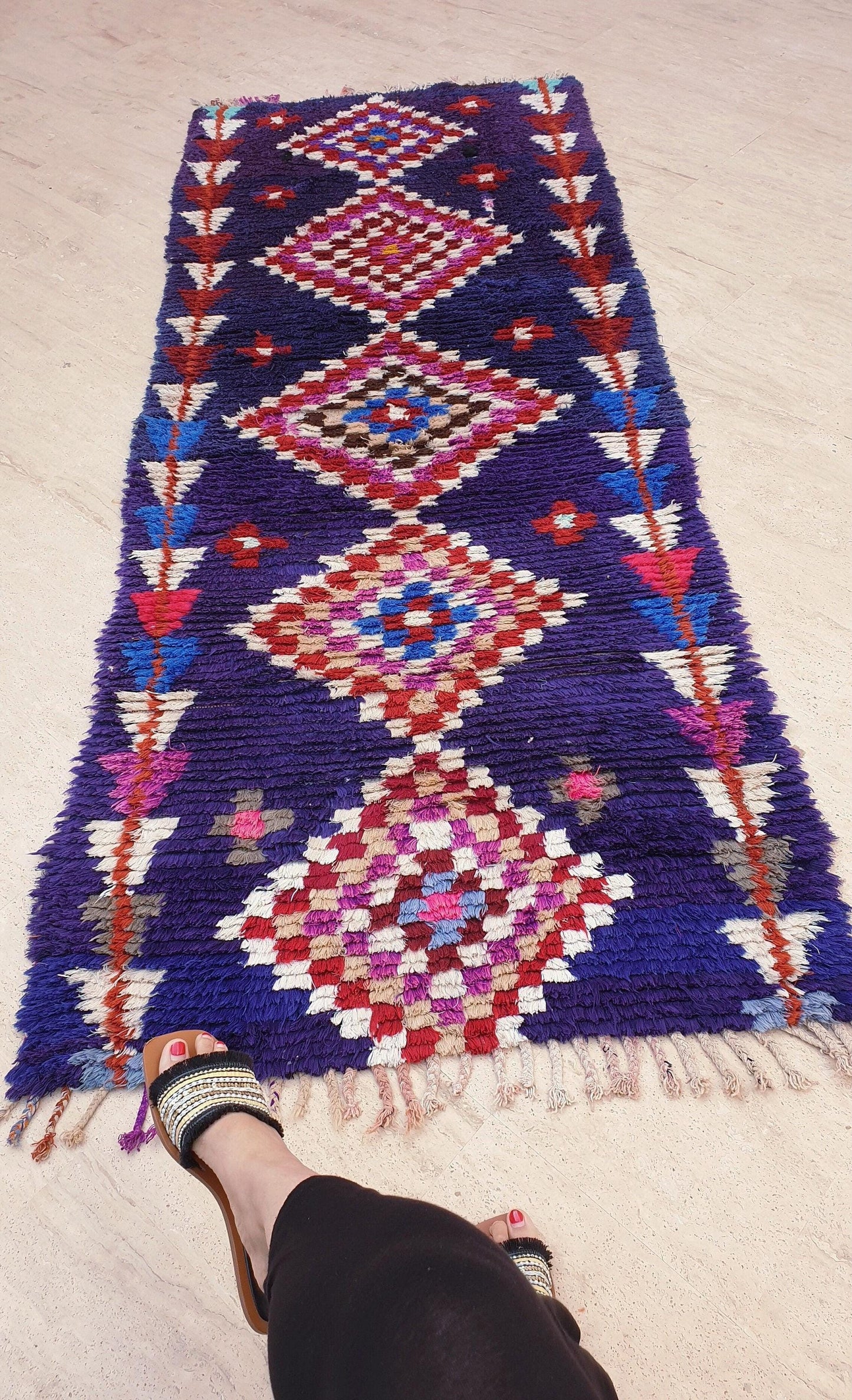 Vintage Moroccan rug 3x7.8 Gorgeous blue purple Boucherouite Rug, hallway rug, geometric runner rug, blue boujaad rug