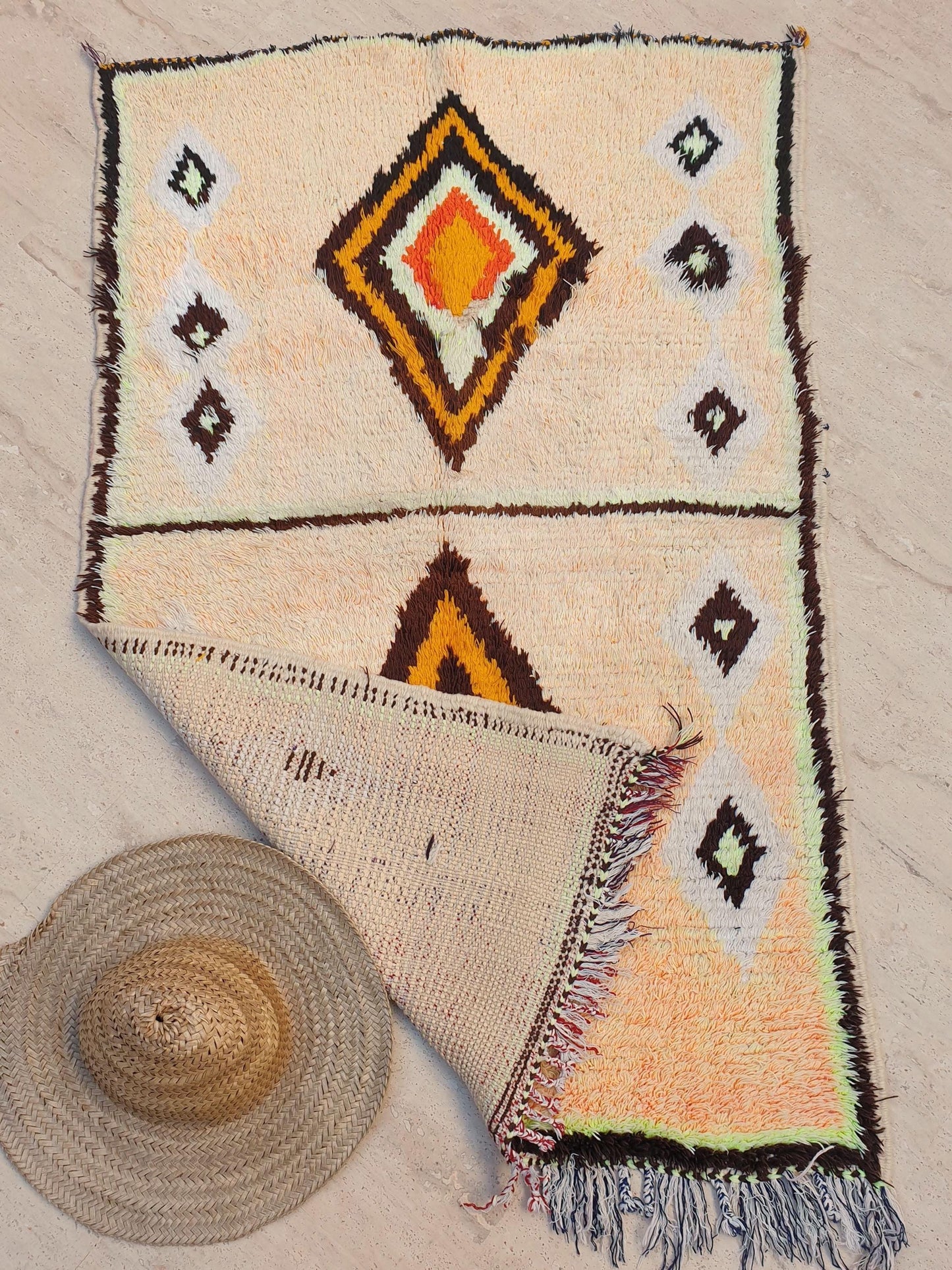 Vintage Moroccan Rug, Gelato Pastel Boujaad Accent Rug 3x4.7  Small Moroccan Rug, Peach Neon Yellow Bedroom Rug
