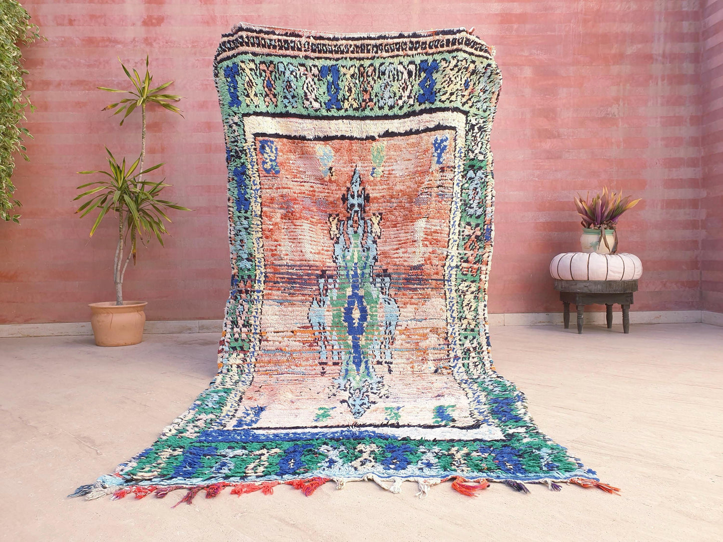 Vintage Moroccan Rug, Painterly Abstract Boujaad rug , 4.2x9 ft Earth & Ocean Tones pastels rug, pastel bohemian rug