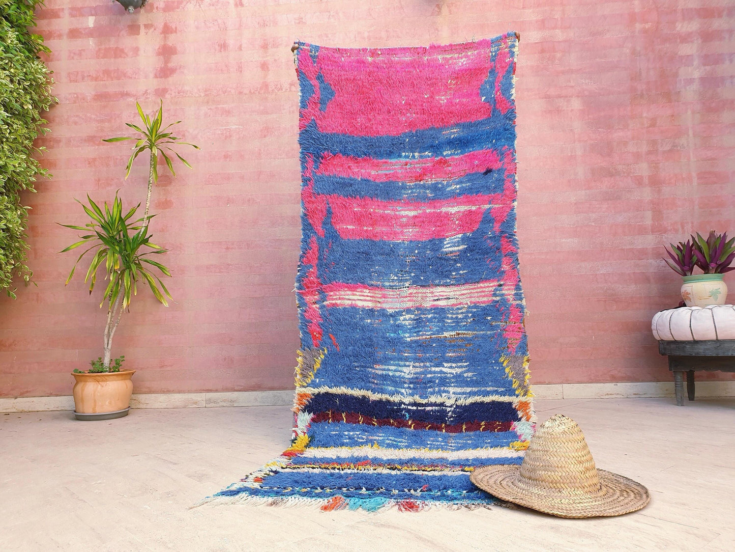 Vintage Moroccan Rug 3.2x7.8 Gorgeous Blue Pink Rug Boujaad Rug, fushia turquoise artistic Rug, boho boujaad rug