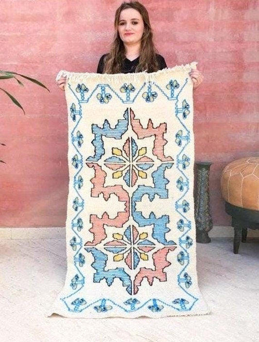Berber Wool Rug – Moroccan Embroidery, Maps & Flowers Design (2.5x5 ft)