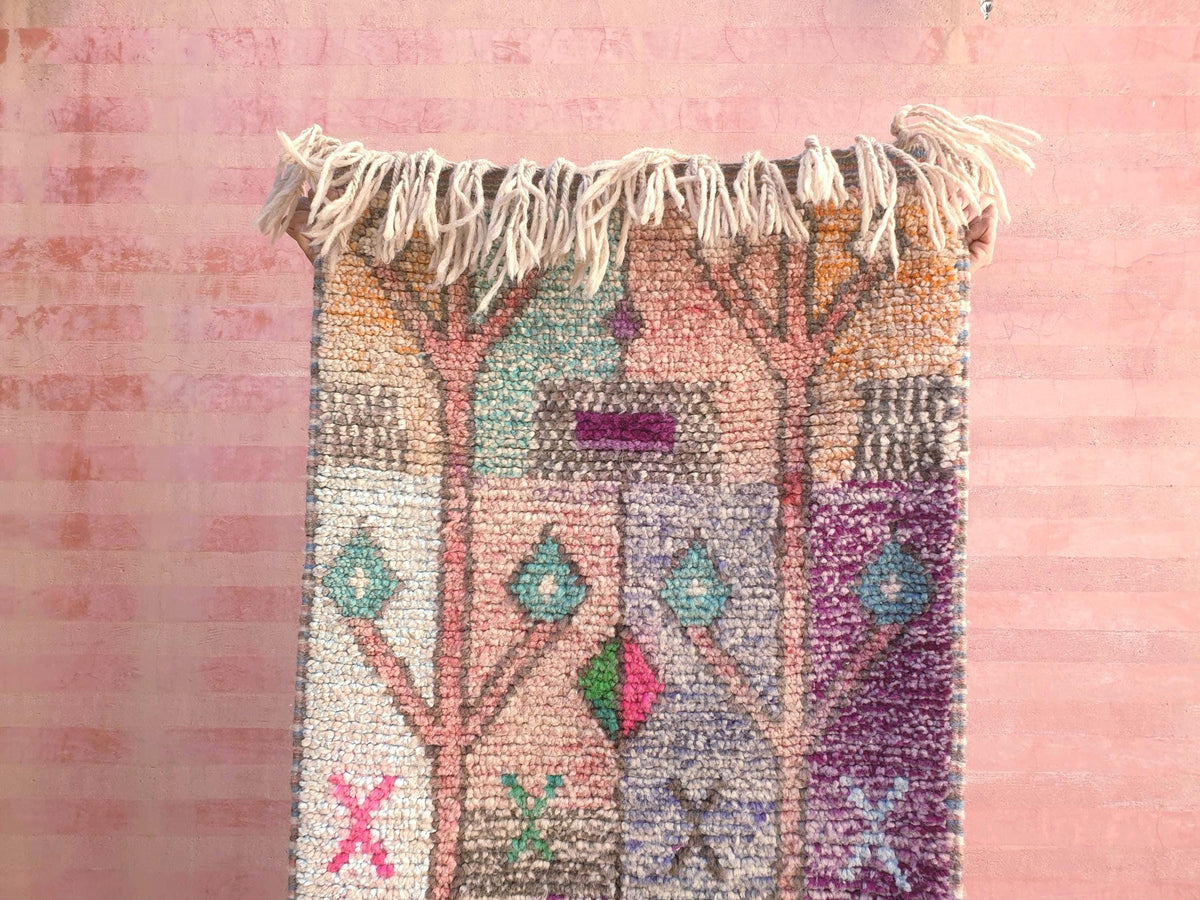 Pastel Tribal Moroccan Runner Rug – 2x10.5 Berber hallway rug, soft pinks & mustard tones, Vintage handmade Boujaad runner, boho eclectic
