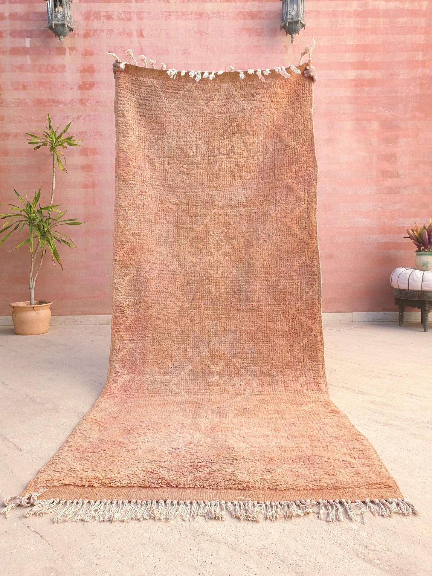Vintage Faded Peach Beni M’Guild Runner, Subtle Tattoo Pattern, 3.4 x 8.2 ft