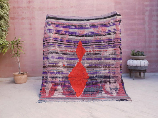 Vintage Moroccan Rug 4.9x5.6 Super Unique Hot Orange Diamond Boujaad Rug, bedroom rug, living room rug coral carpet