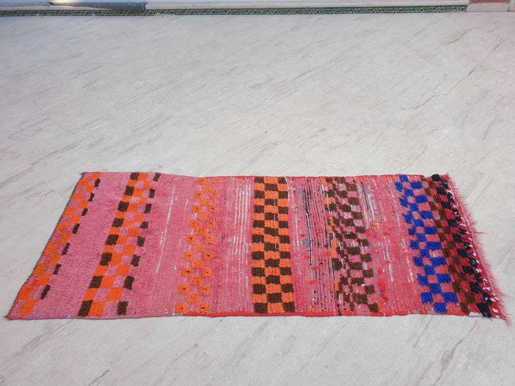 Vintage Moroccan Rug 3x7 Gorgeous Checkered Rug | Peach Runner Rug  | Berber Tribal Rug | Pach Pink Blue Accent Rug