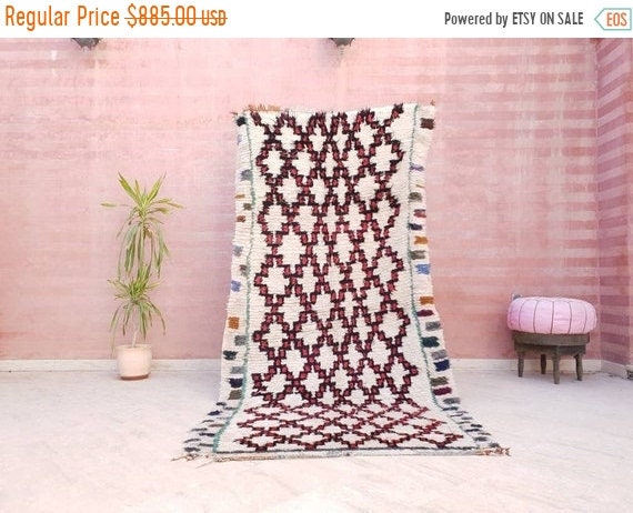 Vintage Moroccan Boujaad Rug, Red Black Ivory, Large Bohemian Rug (4.3'x9')