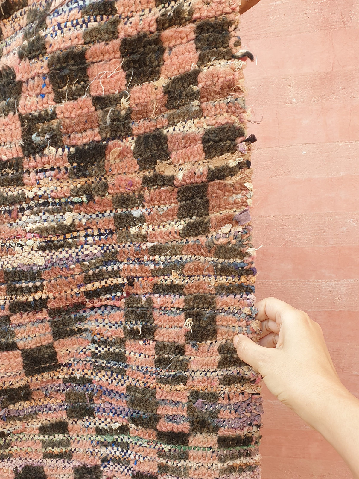 Vintage Moroccan rug 2.9x7.6 Gorgeous Blush Brown Peach Pink Checkered rug | Boujaad hallway rug boujad rug