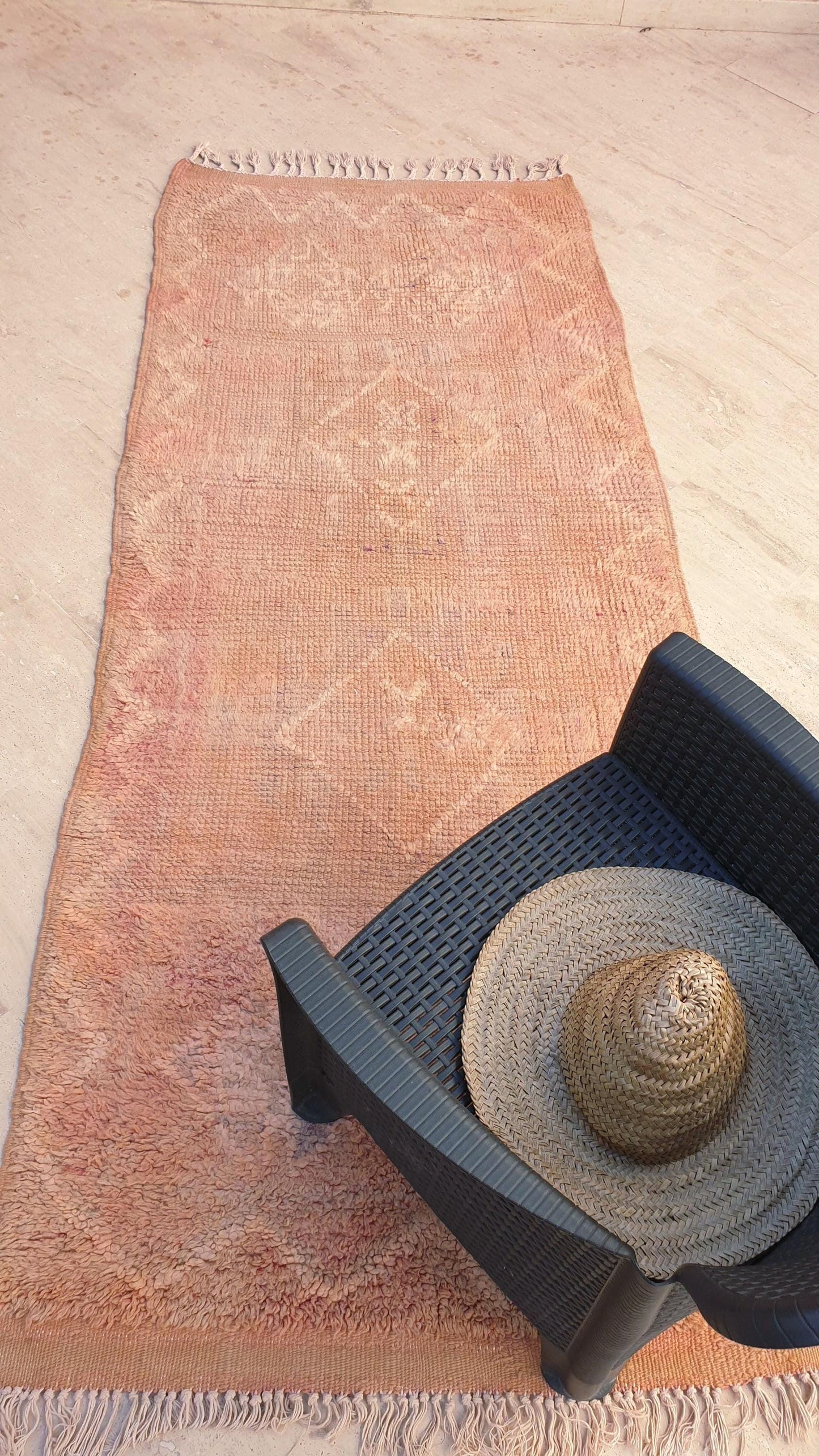 Vintage Faded Peach Beni M’Guild Runner, Subtle Tattoo Pattern, 3.4 x 8.2 ft