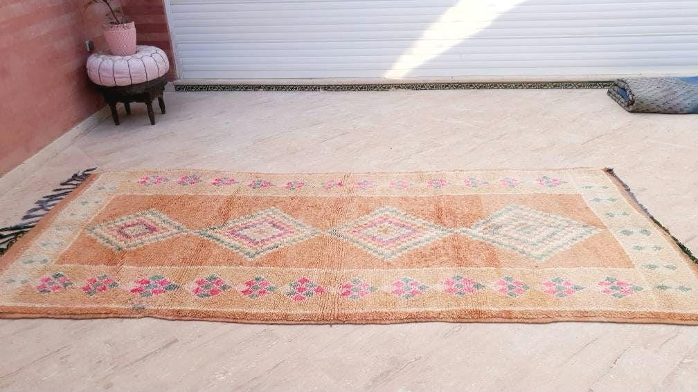 Stunning Vintage Moroccan Rug Boujaad rug 4.4x10.2 Blush Peach living room rug, large boujad rug
