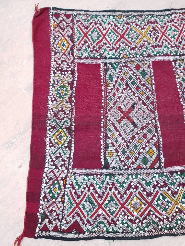 Vintage Sequined Berber Rug | 4x10 ft Maroon Moroccan Kilim Runner
