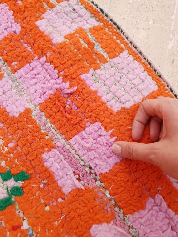 Vintage Moroccan Rug 5x6.7 Stunning Orange Super Unique Boujaad Rug, Green & Lilac Accents, abstract Living room rug