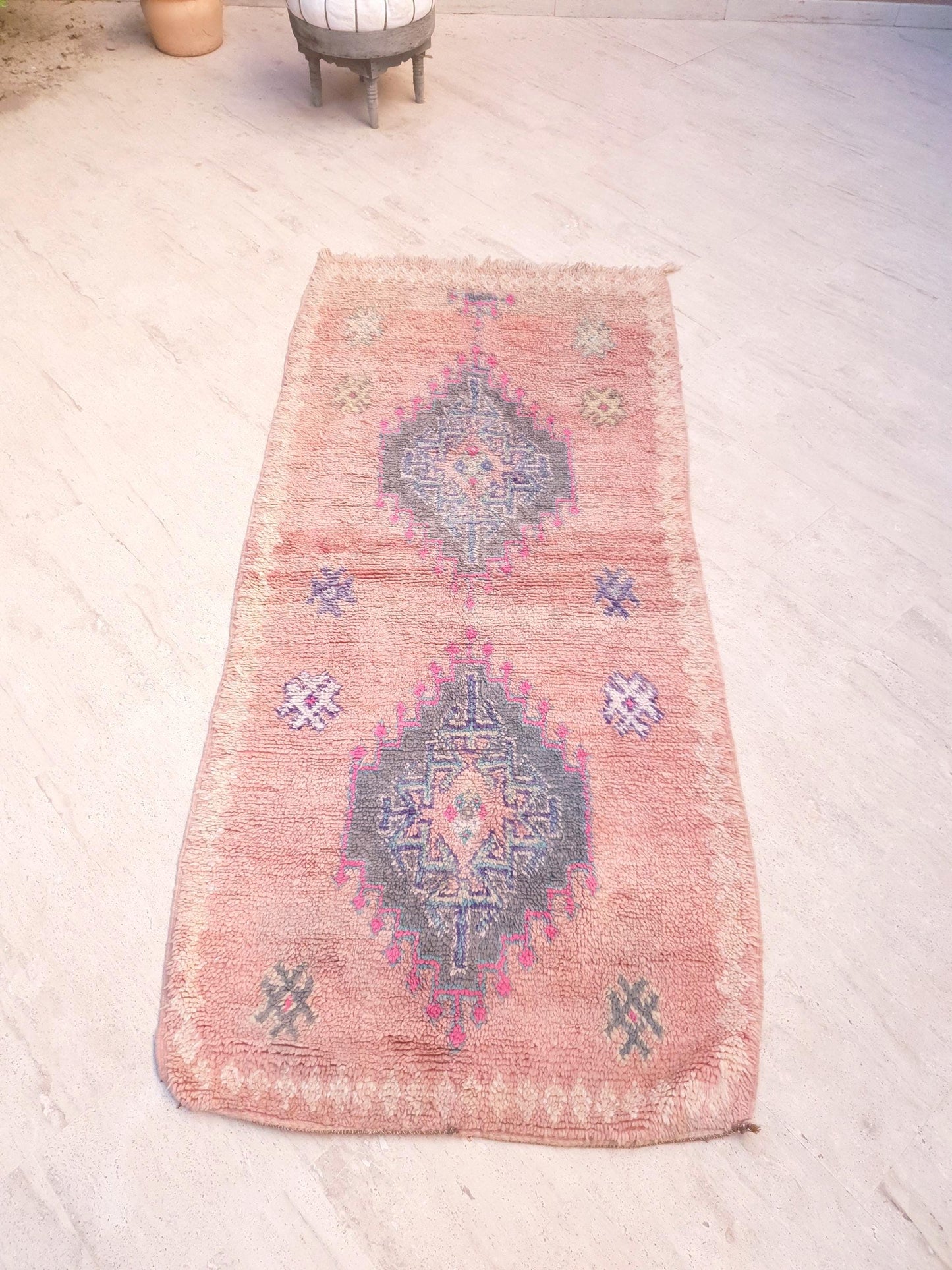 Vintage Moroccan Rug, Soft Blush Boujaad Runner 3.5x7.7 ft faded rose pastel rug, Tribal blue gray medallions, Handmade wool art