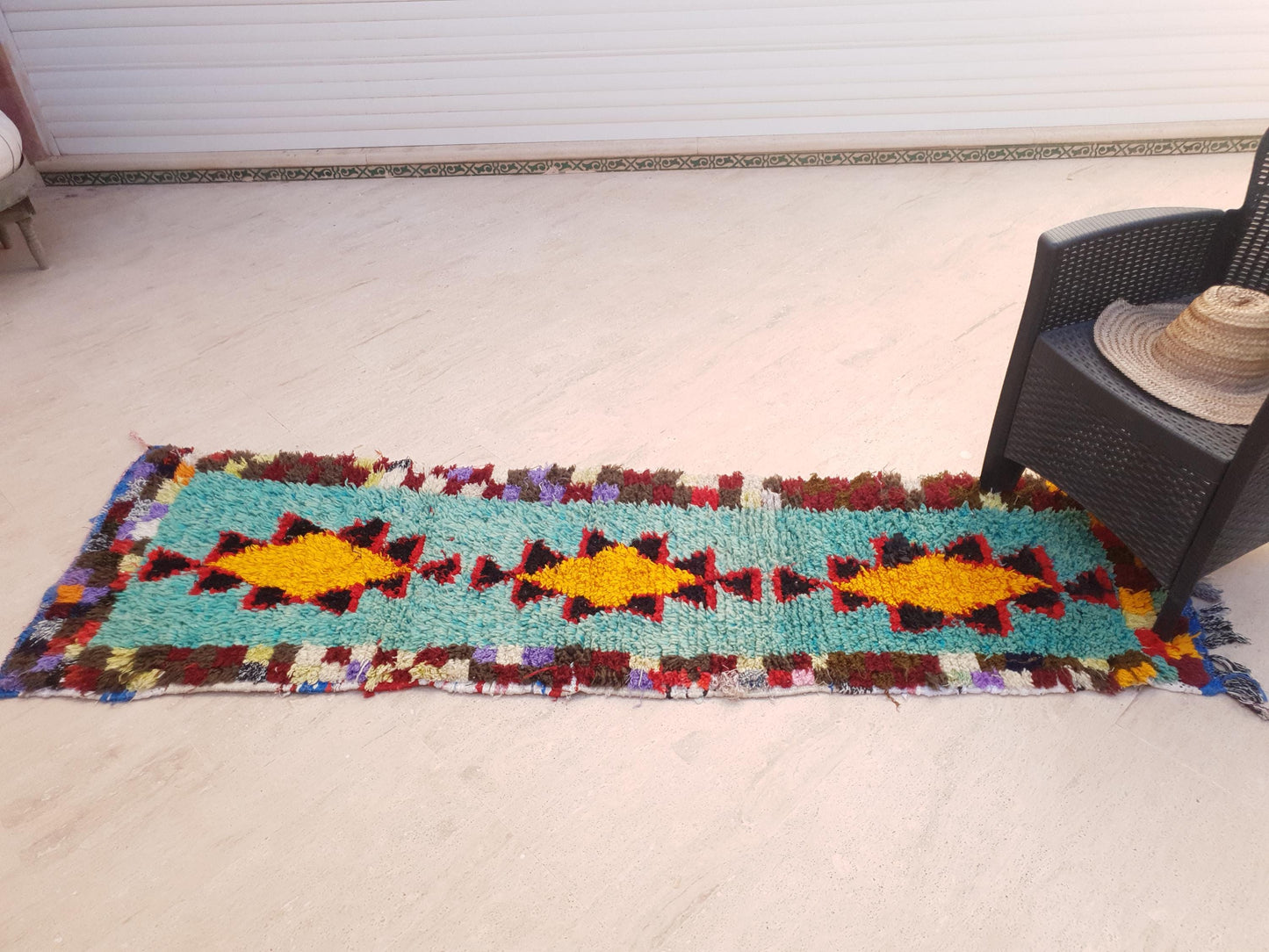 Turquoise Berber Hallway Runner Rug: Wool & Cotton Boujaad Rug, 2.2x8 ft
