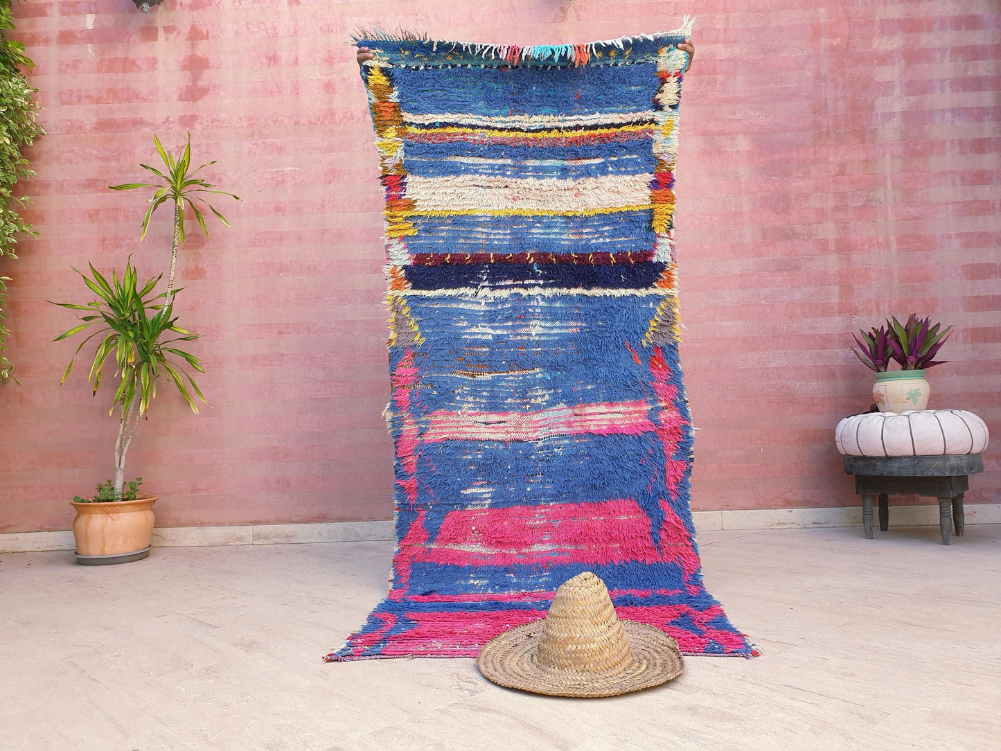 Vintage Moroccan Rug 3.2x7.8 Gorgeous Blue Pink Rug Boujaad Rug, fushia turquoise artistic Rug, boho boujaad rug