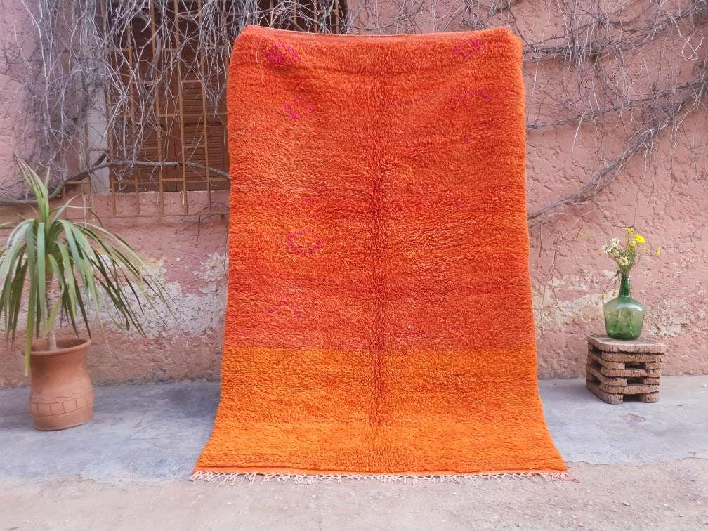 Vintage Moroccan Rug 4.6x7.3 Stunning unique Orange boujaad rug, Vintage Beni Ourain Rug, beni ourain Rug, plush carpet