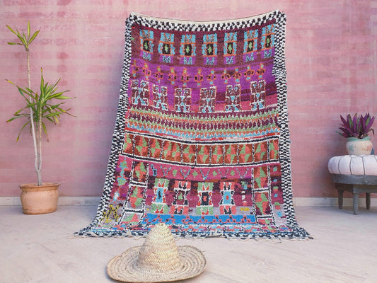 Stunning Vintage Moroccan rug 4.9x7.1 Stunning Artistic Boucherouite rug, Unique Tribal Berber Rug, Fabric Colorful rug