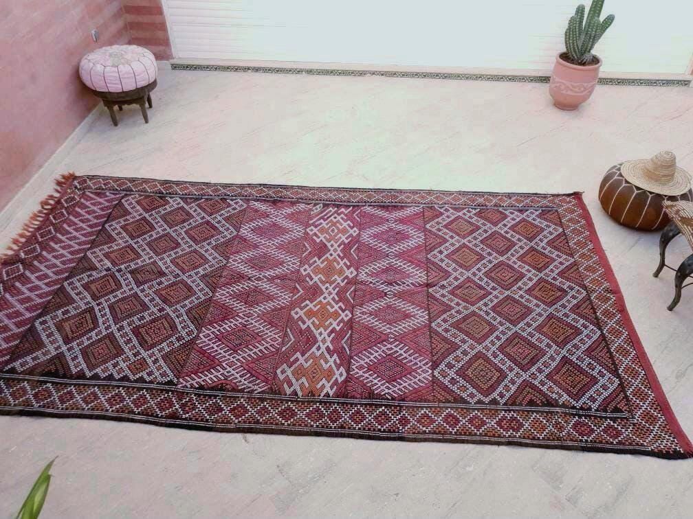Vintage Moroccan Rug 6.3x11.8 Stunning kilim rug, Large area rug Vintage sequins berber rug Bedroom Rug, Warm Red Orang