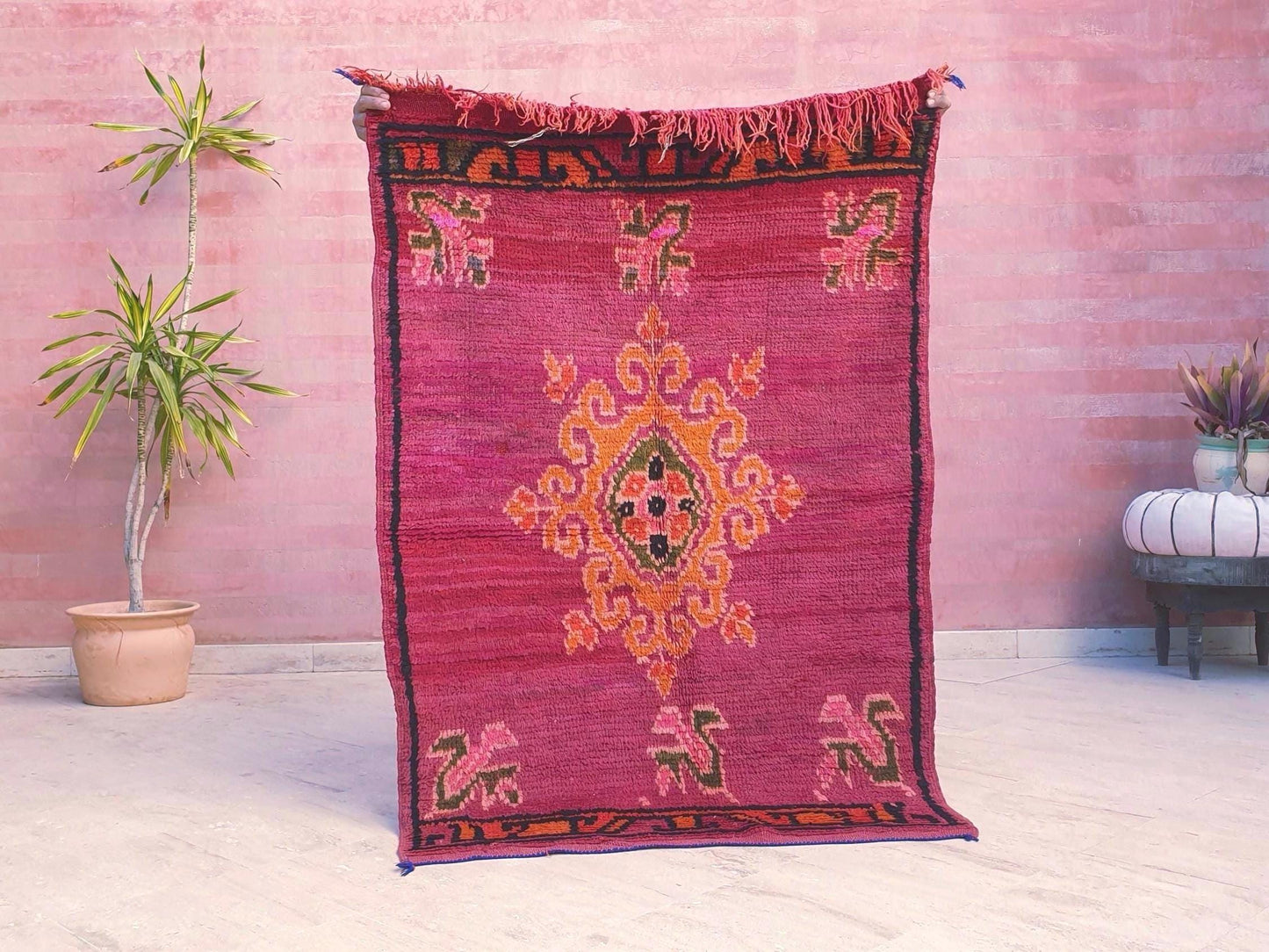 Vintage Rose Red Moroccan Rug, Small Boujaad Wool Rug (3.3x4.9 ft)
