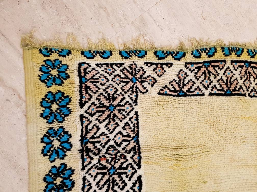 Precious Moroccan Rug 6.6x13 Vintage Boujaad rug, Gaudi Artistic rug, Large yellow mustard rug, Unique Boujad rug