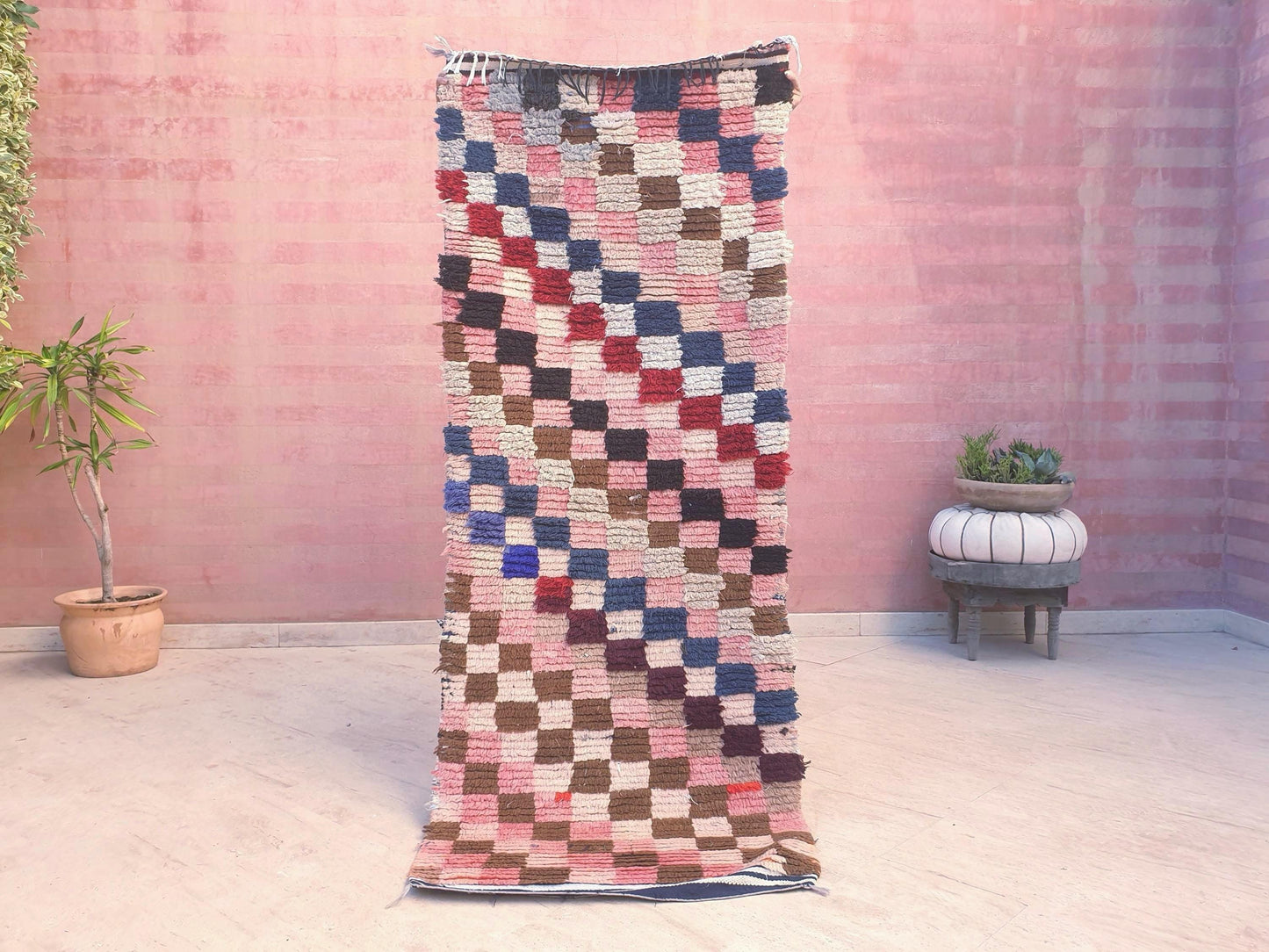 Gorgeous Moroccan Runner Rug • 2.5ft x 6.6ft • Checkered Boujaad Rug • Blush Brown Pink rug • Colorful Boucherouite rug