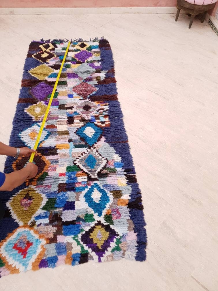 Vintage Morocan rug 3.3x8.5 Stunning Artistic runner rug "Starry Night" living room rug, blue hallway rug bedroom rug