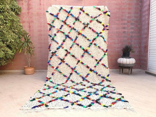 Vintage Moroccan Wedding Blanket, Sequined Handira 5x9.5 Cream Wool Blanket with Colorful Tufts, Boho Moroccan Throw, Festive Wall Art Rug